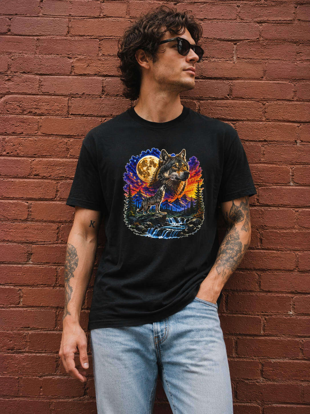 Colorful Wolf Moon T-Shirt, Nature Lover Gift, Howling Wolf Graphic Tee, Mountain Forest Shirt, Wildlife Adventure Tee