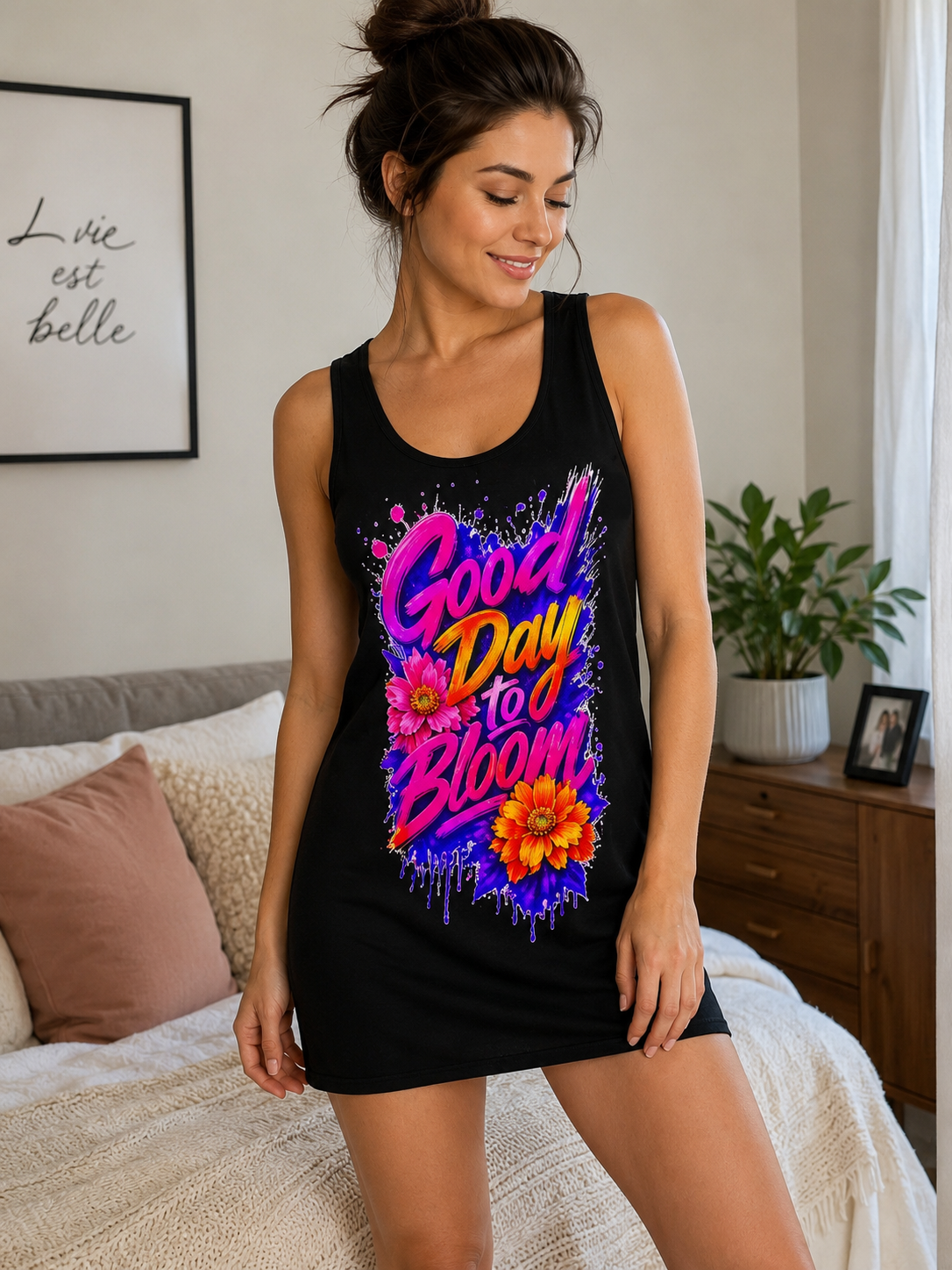 Good Day to Bloom Racerback Dress | Floral Graphic Summer Dress | Women's Casual Beach Vacation Dress | Colorful Flower Print