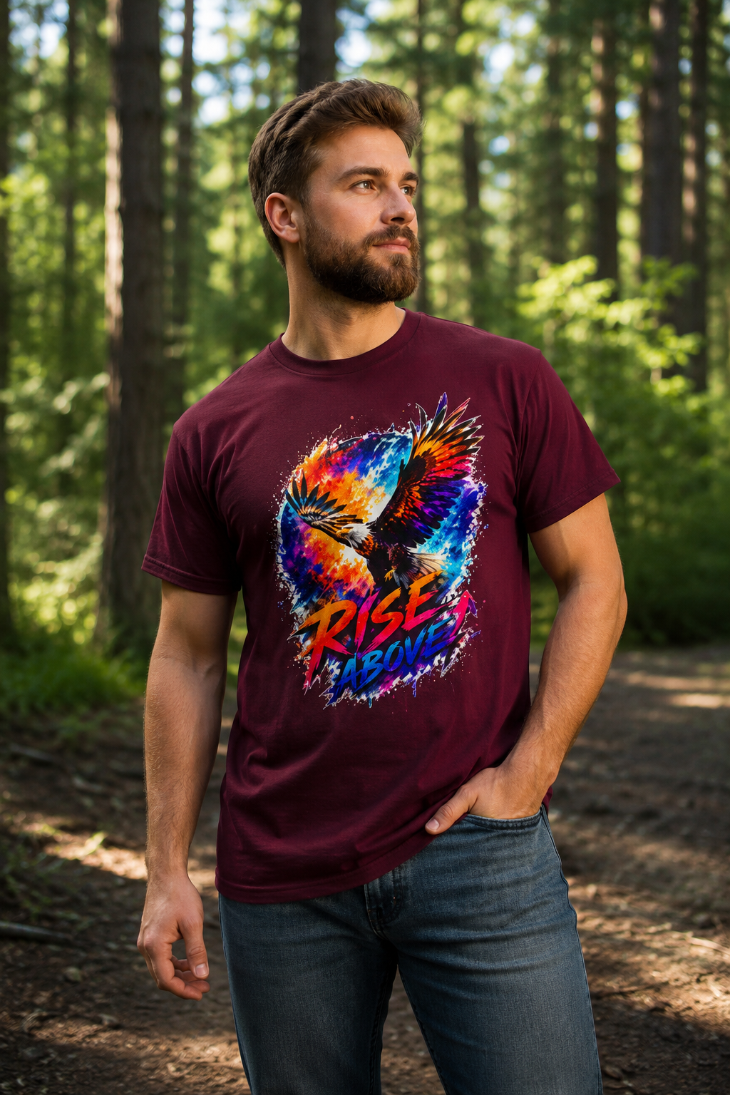 Rise Above Eagle Graphic T-Shirt | Motivational Unisex Tee | Colorful Freedom Bird Shirt