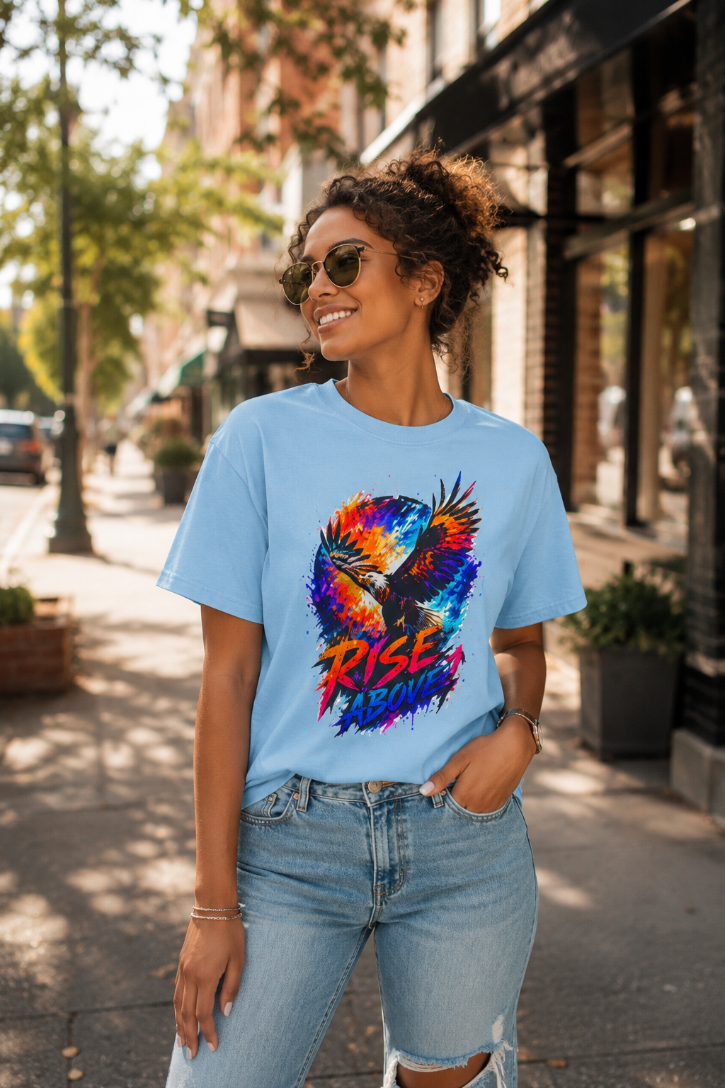 Rise Above Eagle Graphic T-Shirt | Motivational Unisex Tee | Colorful Freedom Bird Shirt