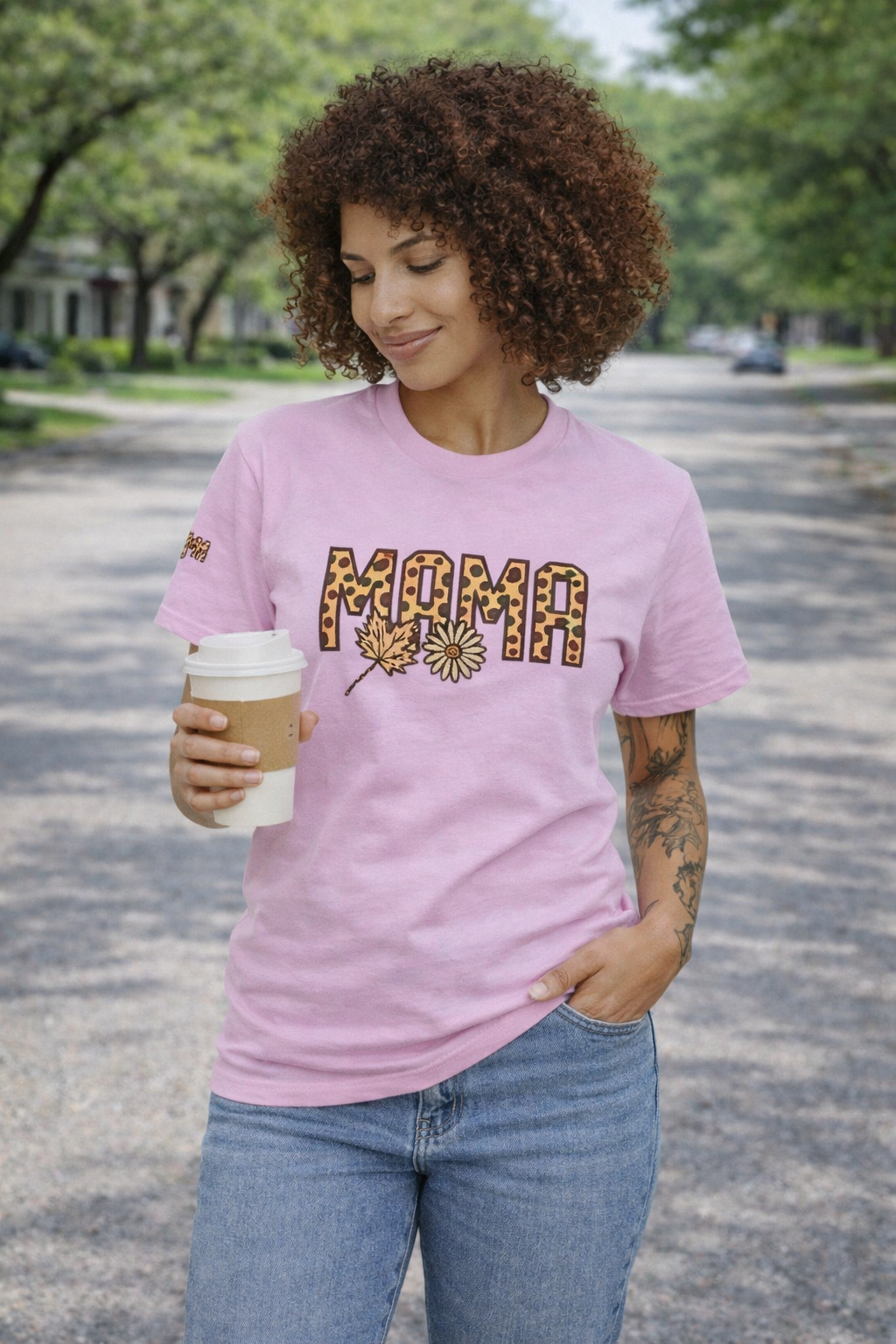 Leopard Print MAMA Shirt, Tee with Leaf and Daisy Accent