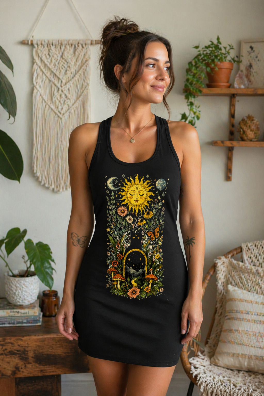 Celestial Sunflower Racerback Dress — Boho Sun & Moon Floral Graphic