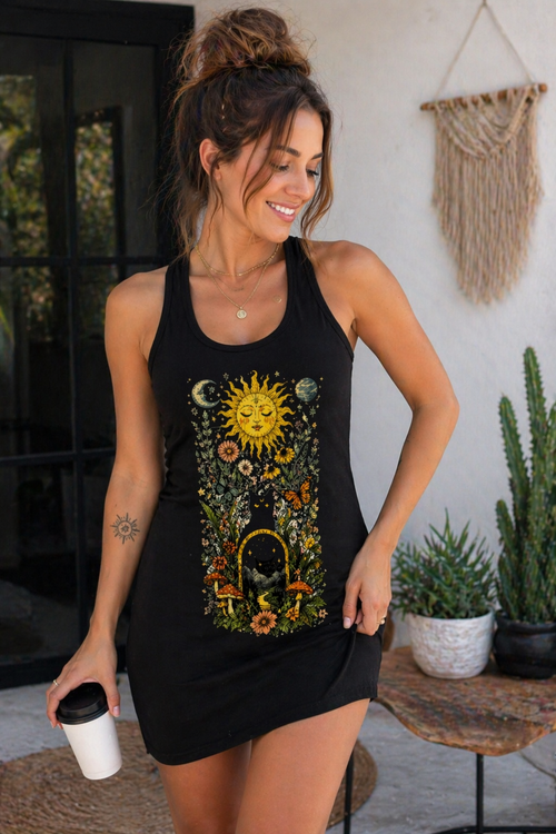 Celestial Sunflower Racerback Dress — Boho Sun & Moon Floral Graphic