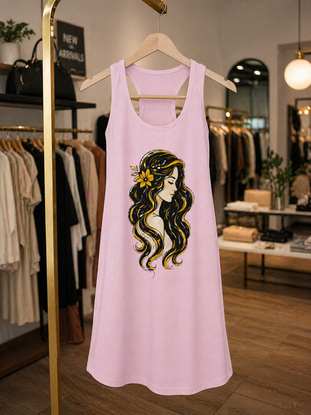 Pink Boho Tank Dress, Floral Goddess Dress, Racerback Summer Dress, Cute Graphic Dress, Casual Beach Dress, Gift for Her