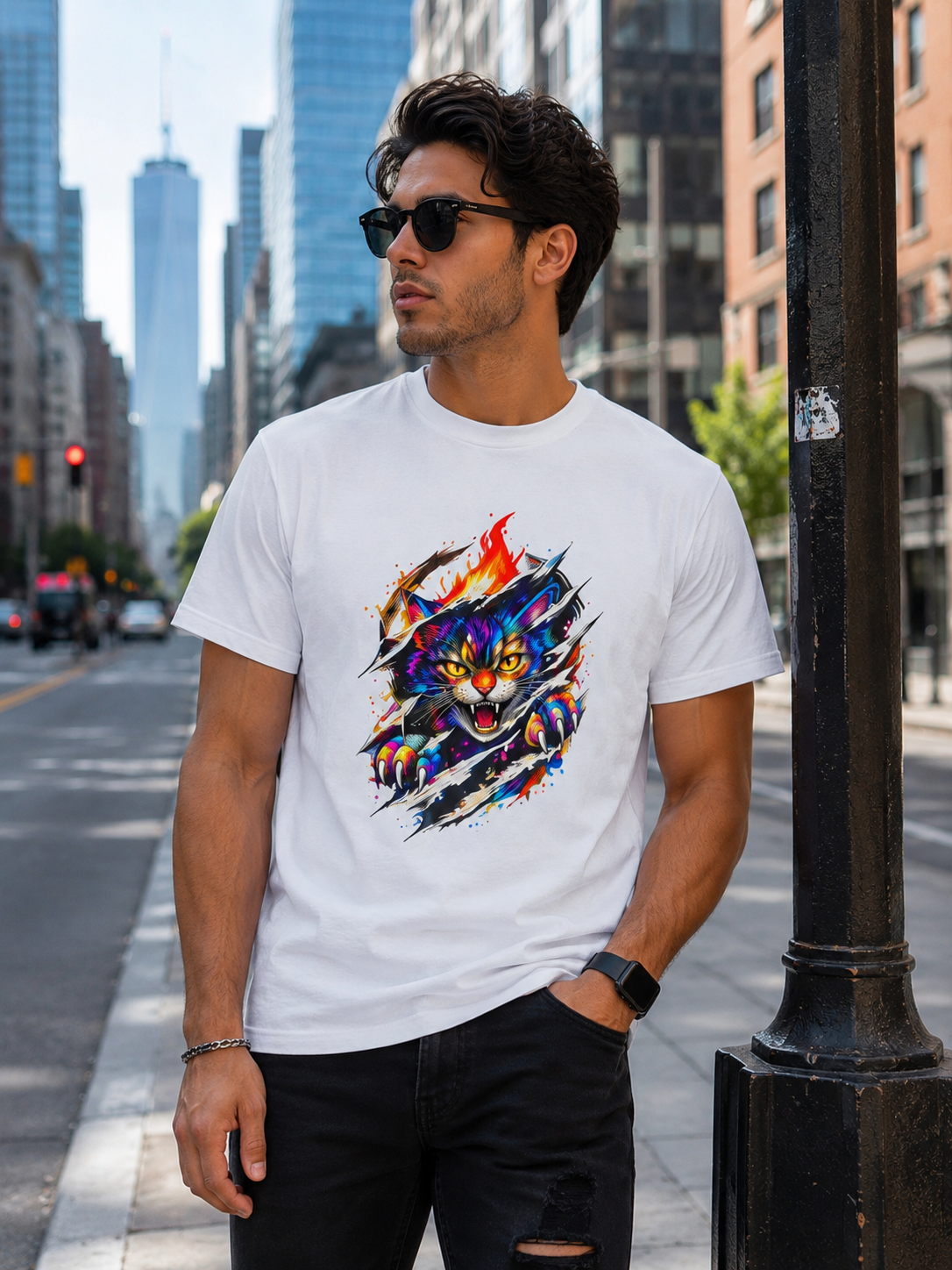 Colorful Angry Cat Rip Through Graphic Tee | Neon Cat T-Shirt | Unisex Streetwear Shirt | Fierce Cat Art | Gift for Cat Lovers