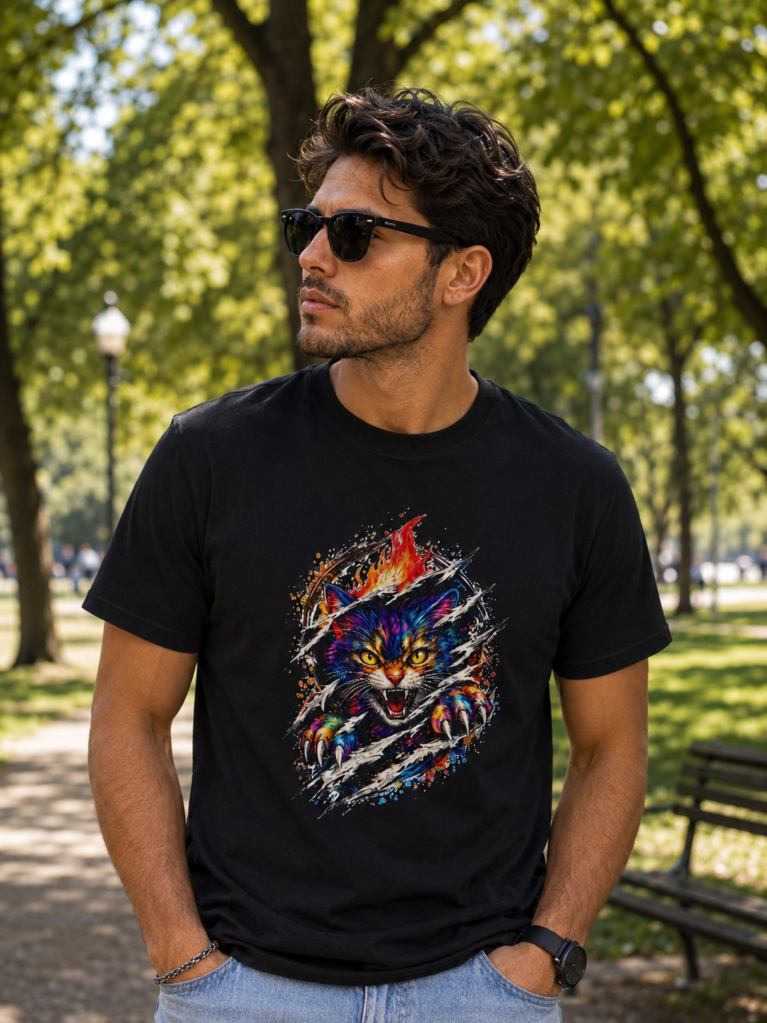 Colorful Angry Cat Rip Through Graphic Tee | Neon Cat T-Shirt | Unisex Streetwear Shirt | Fierce Cat Art | Gift for Cat Lovers
