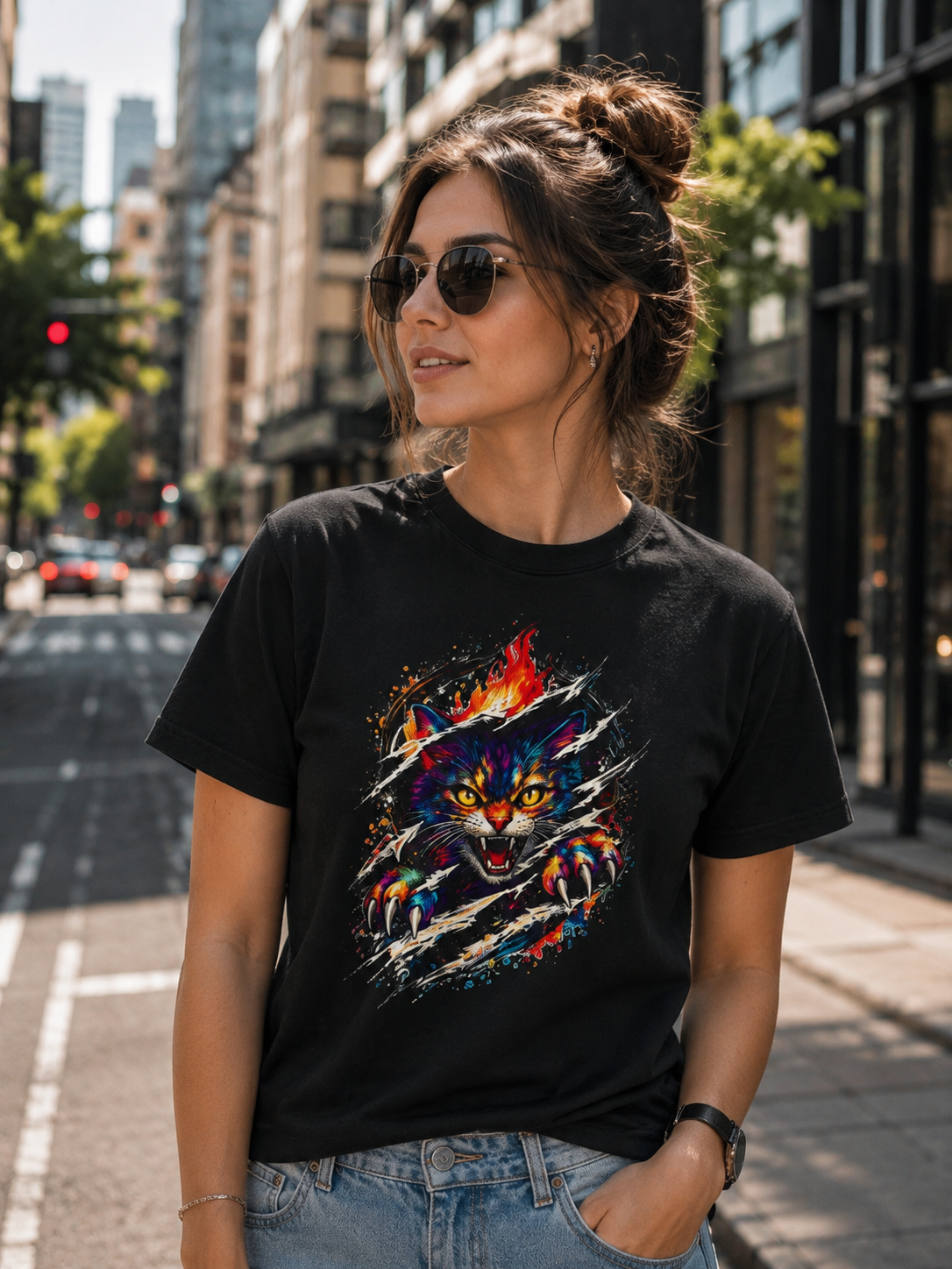 Colorful Angry Cat Rip Through Graphic Tee | Neon Cat T-Shirt | Unisex Streetwear Shirt | Fierce Cat Art | Gift for Cat Lovers