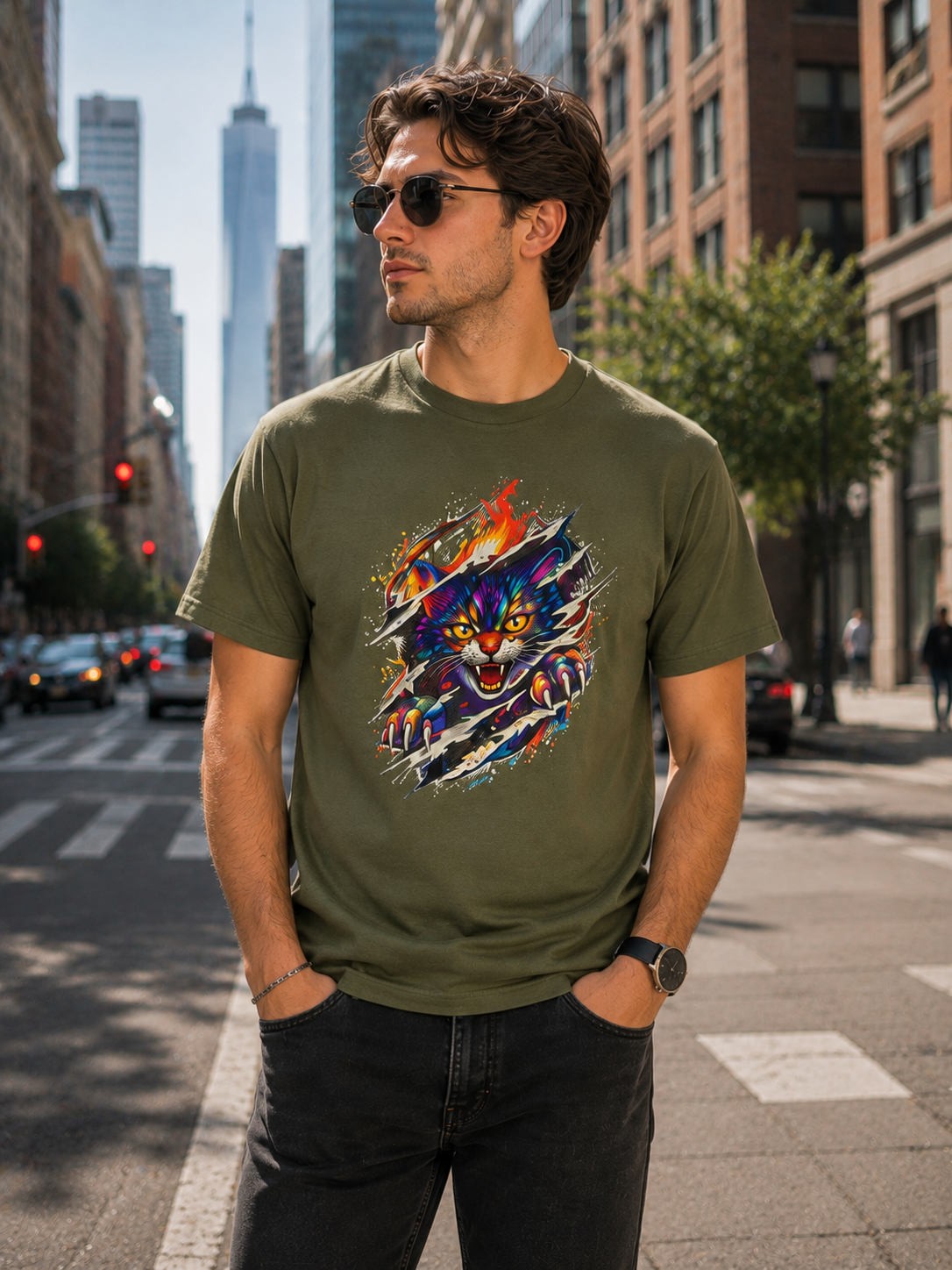 Colorful Angry Cat Rip Through Graphic Tee | Neon Cat T-Shirt | Unisex Streetwear Shirt | Fierce Cat Art | Gift for Cat Lovers