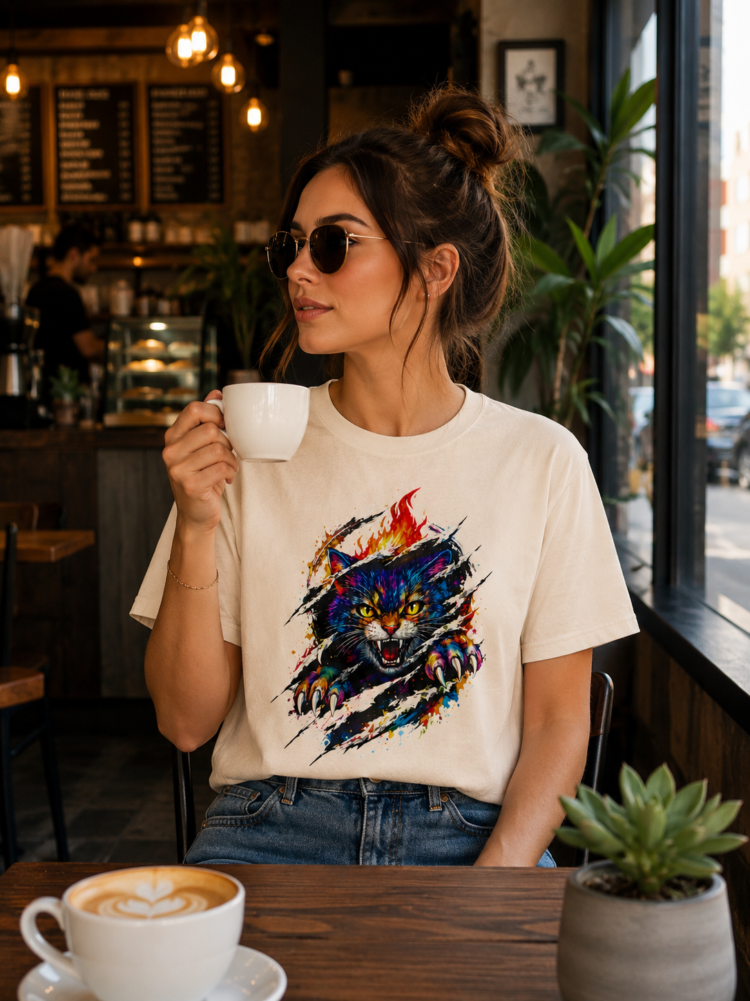 Colorful Angry Cat Rip Through Graphic Tee | Neon Cat T-Shirt | Unisex Streetwear Shirt | Fierce Cat Art | Gift for Cat Lovers