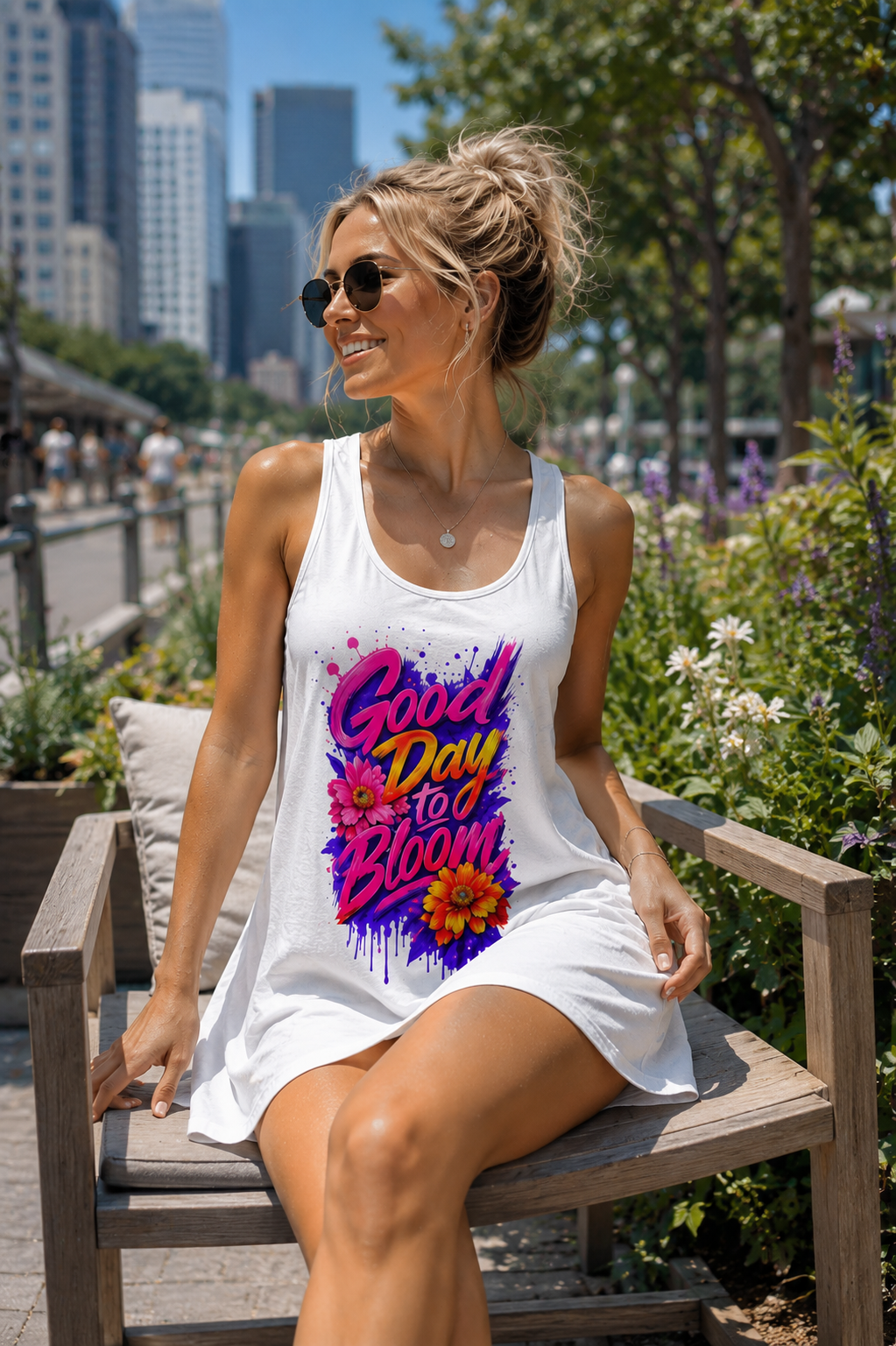 Good Day to Bloom Racerback Dress | Floral Graphic Summer Dress | Women's Beach Vacation Dress | Colorful Flower Print Dress