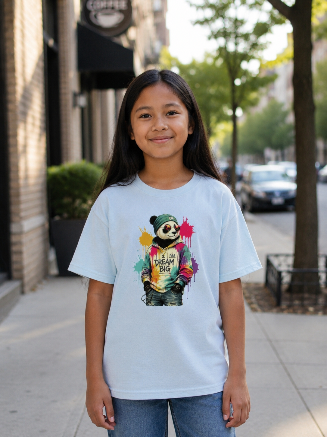 Dream Big Panda Youth T-Shirt | Colorful Panda Graphic Tee for Kids