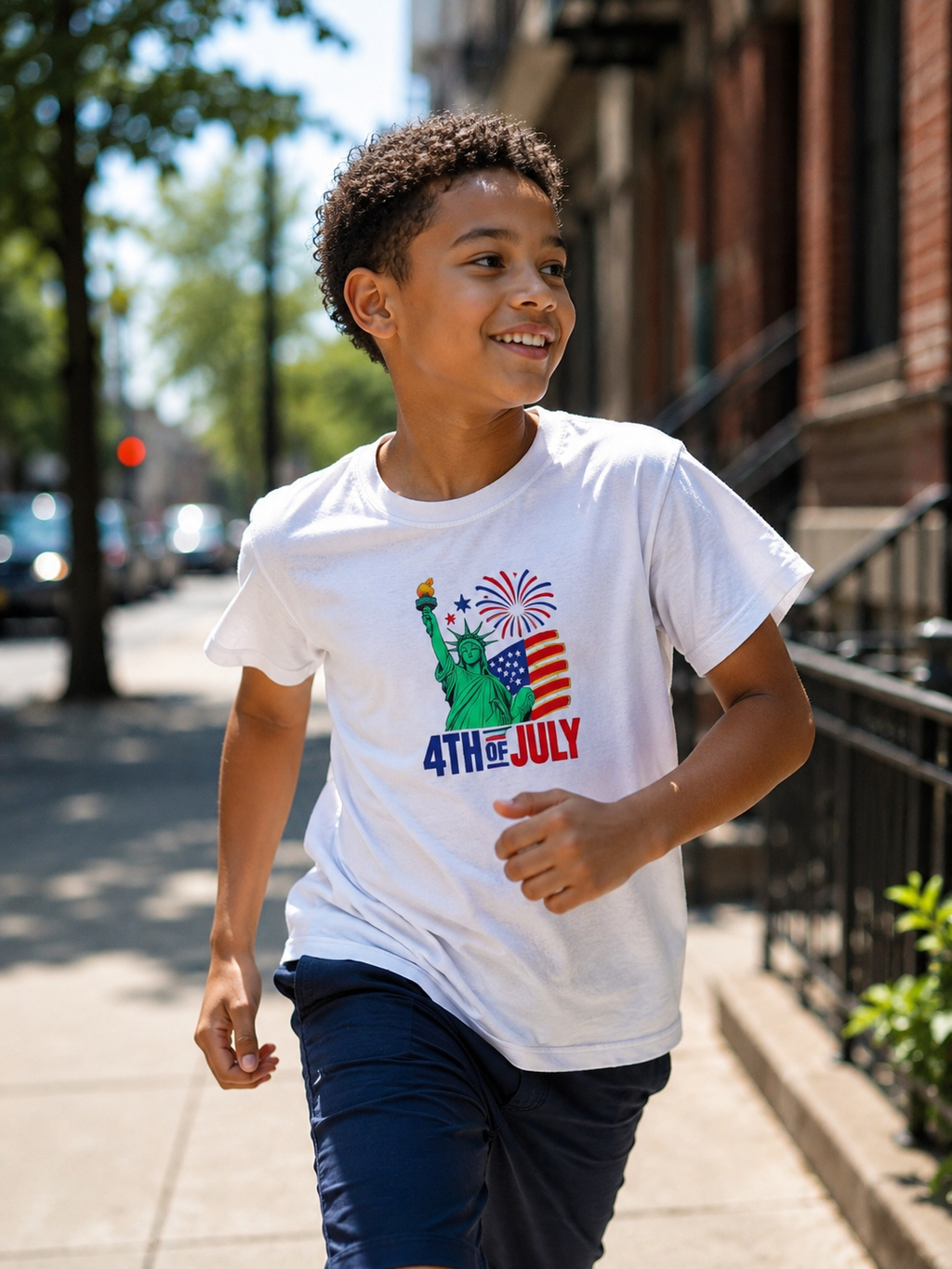 Kids 4th of July T-Shirt – Statue of Liberty, Flag & Fireworks Youth Tee