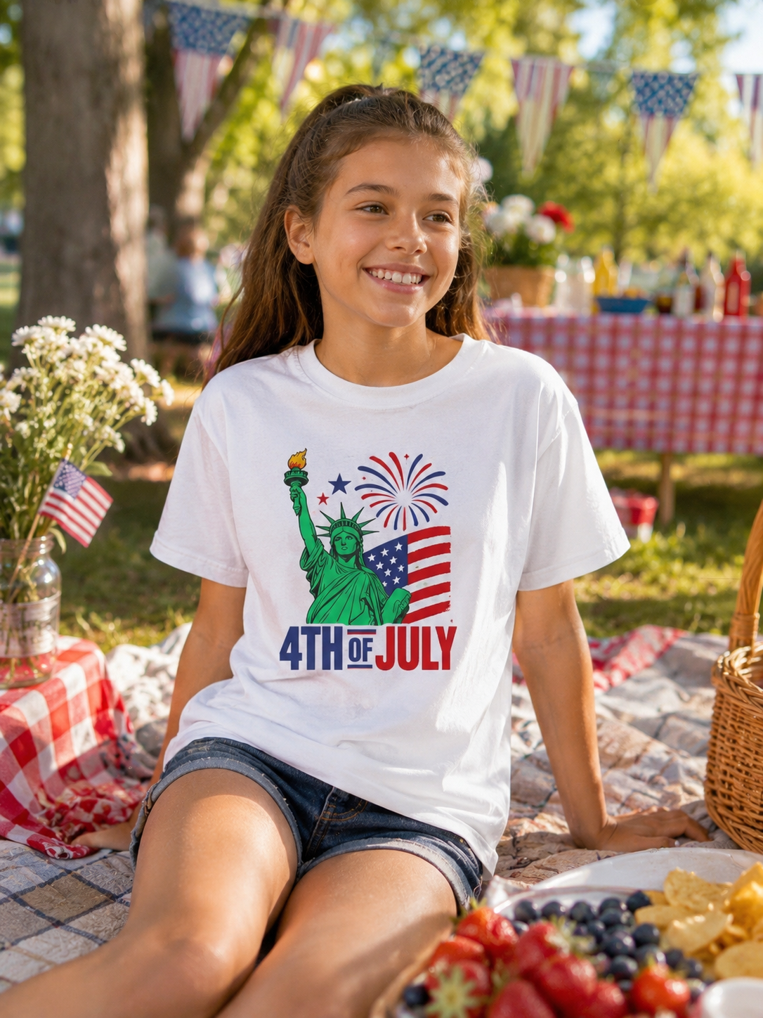 Kids 4th of July T-Shirt – Statue of Liberty, Flag & Fireworks Youth Tee
