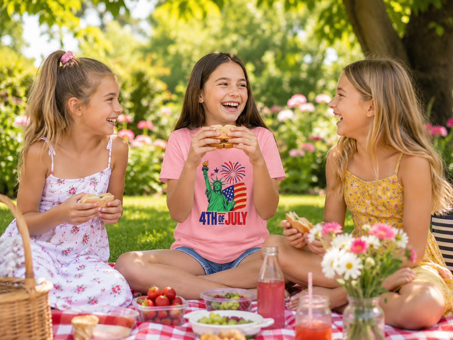 Kids 4th of July T-Shirt – Statue of Liberty, Flag & Fireworks Youth Tee