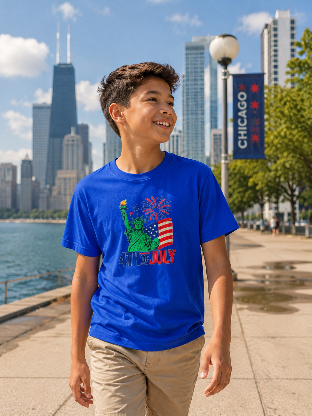 Kids 4th of July T-Shirt – Statue of Liberty, Flag & Fireworks Youth Tee