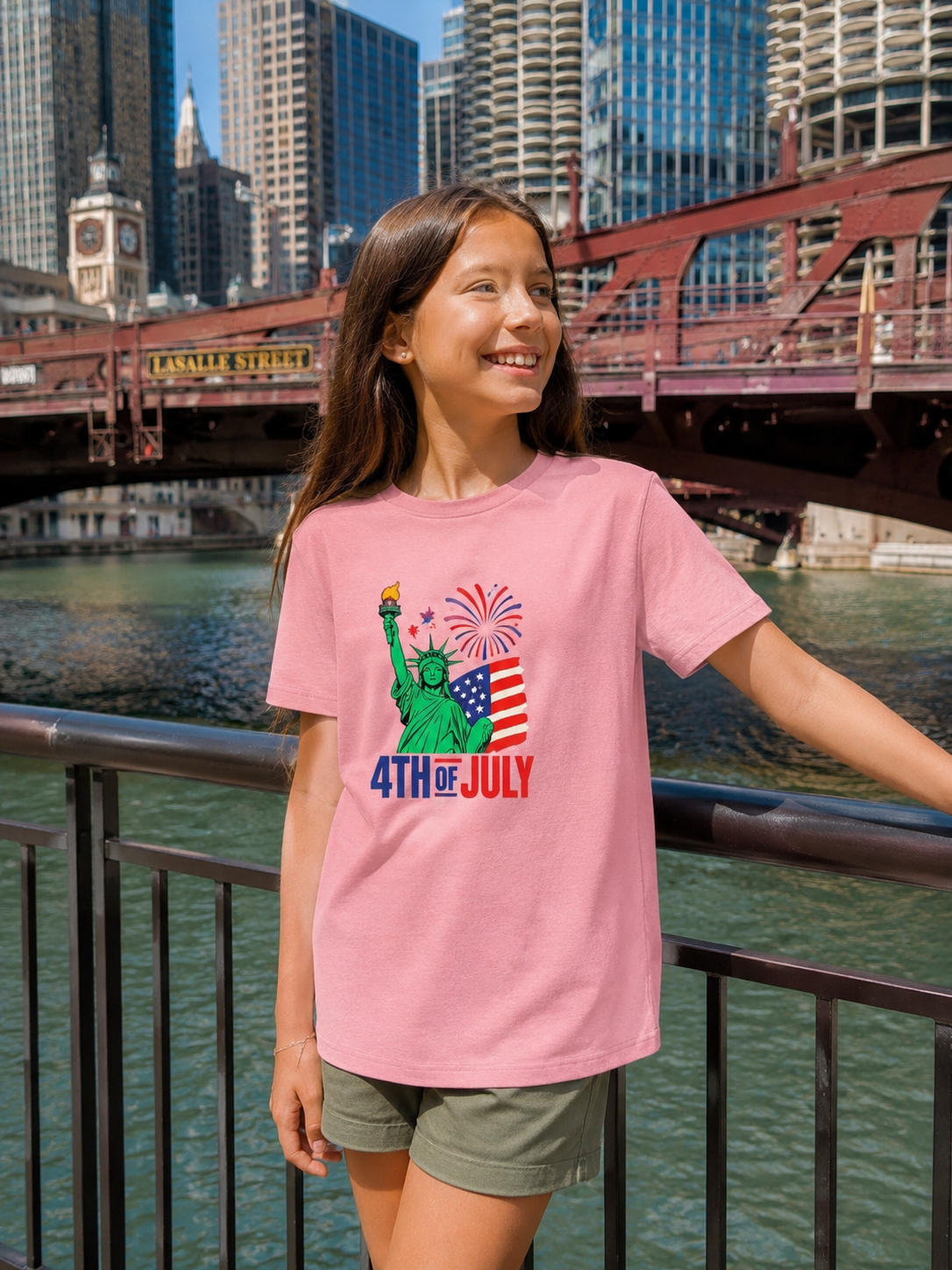 Kids 4th of July T-Shirt – Statue of Liberty, Flag & Fireworks Youth Tee