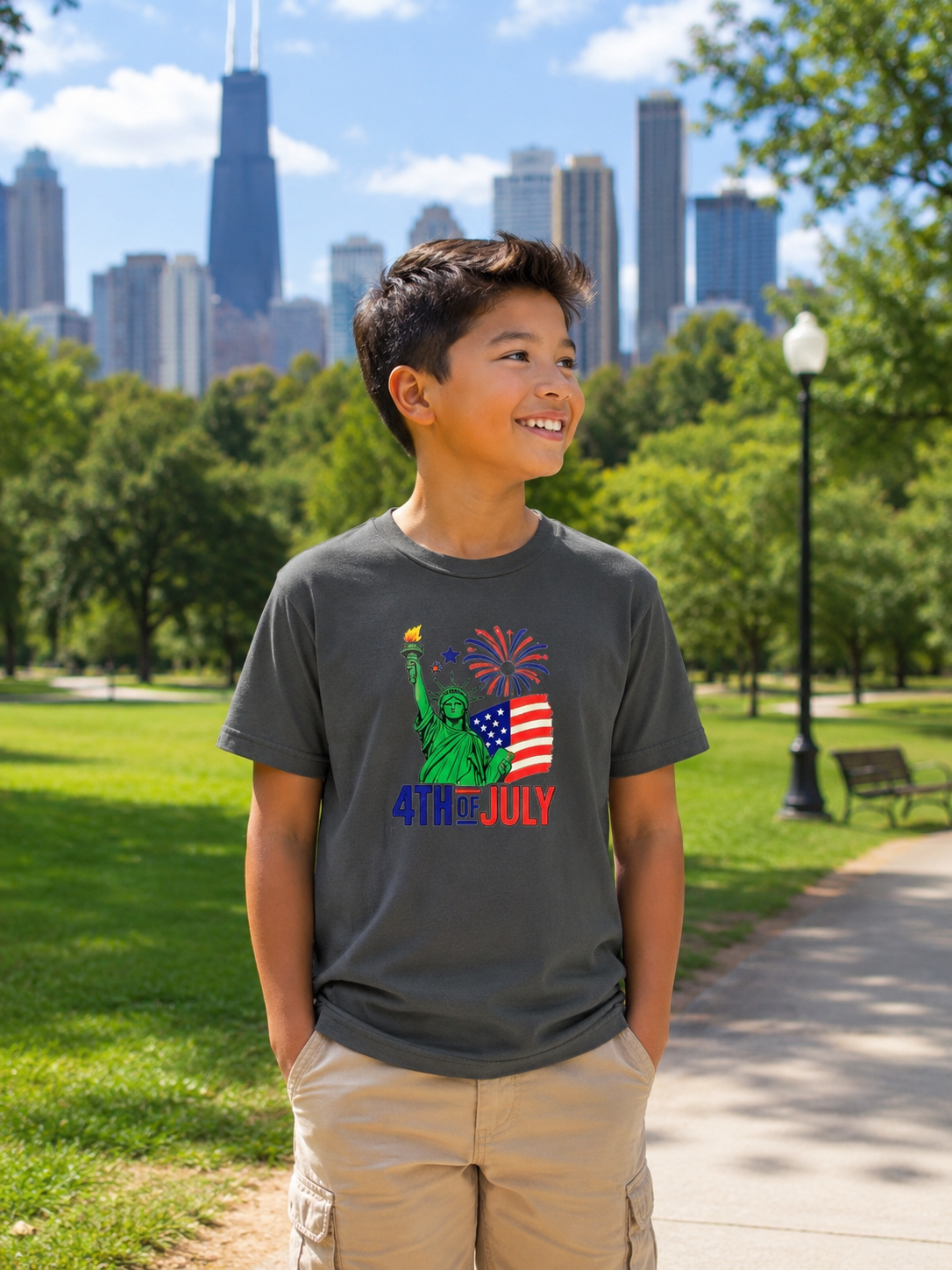 Kids 4th of July T-Shirt – Statue of Liberty, Flag & Fireworks Youth Tee