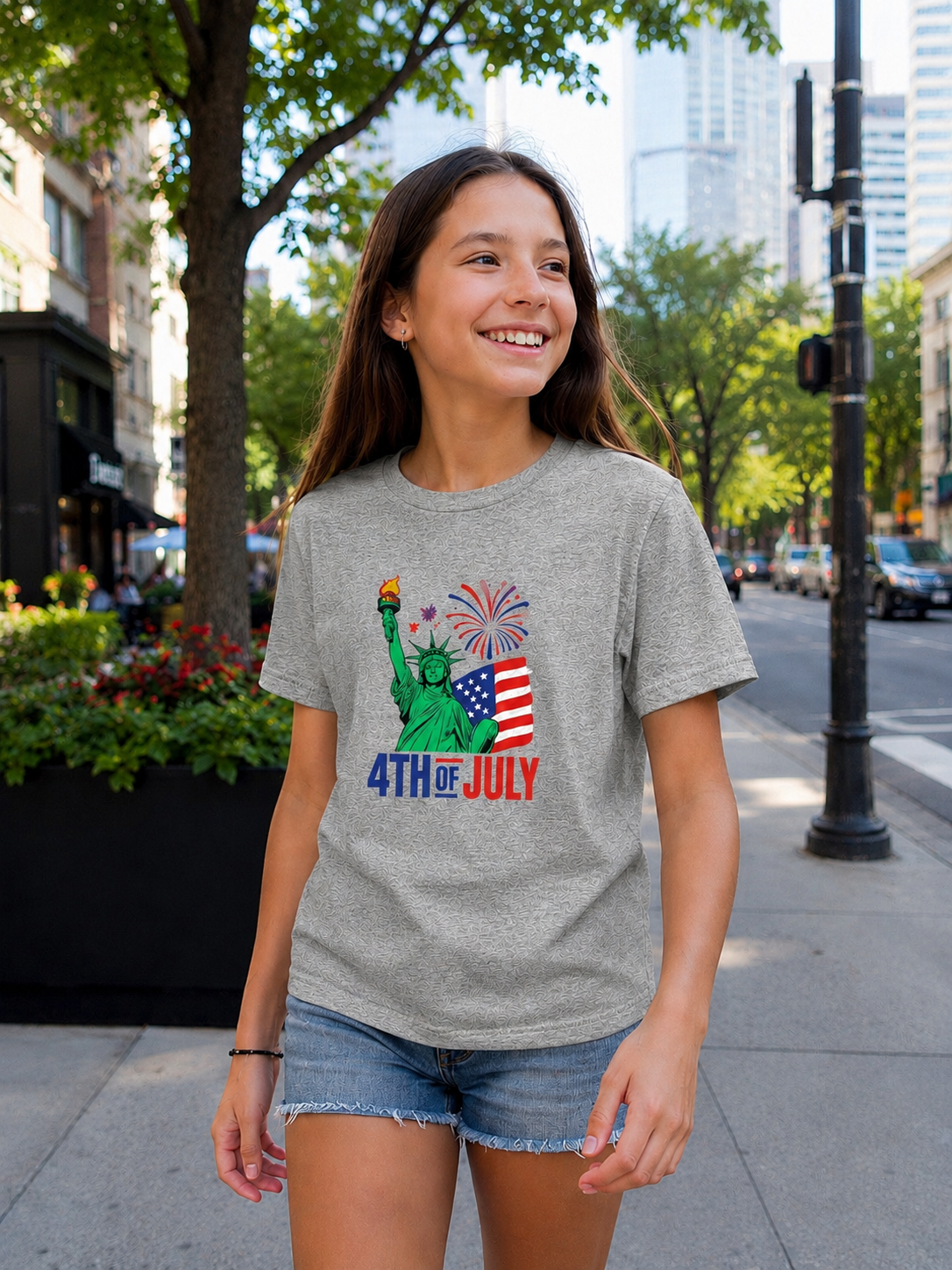 Kids 4th of July T-Shirt – Statue of Liberty, Flag & Fireworks Youth Tee