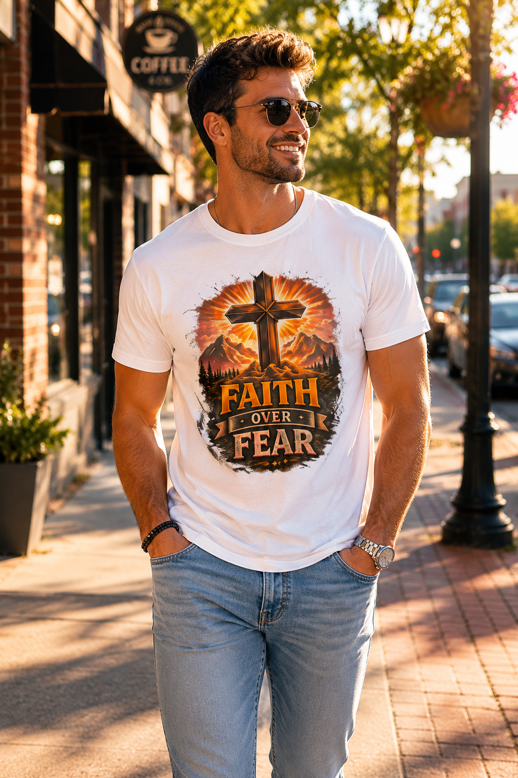 Faith Over Fear T-Shirt | Christian Cross Shirt | Religious Graphic Tee | Bible Verse Gift | Men's Faith Shirt