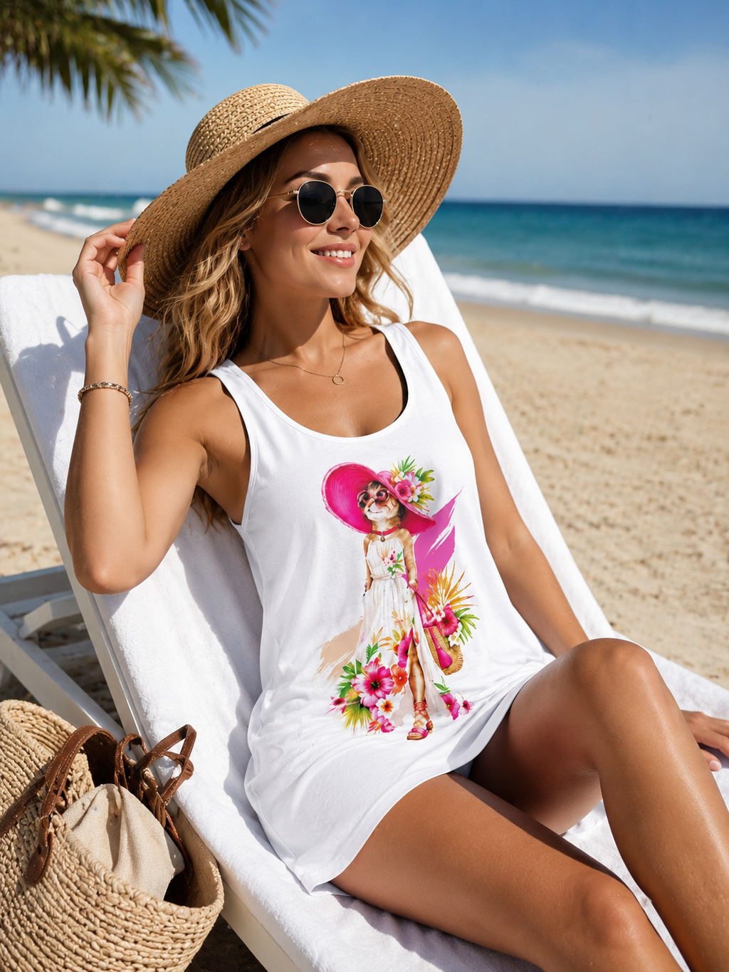 Floral Cat Racerback Dress for Women | Cute Summer Sundress | Boho Cat Print Casual Beach Dress | Gift for Cat Lovers