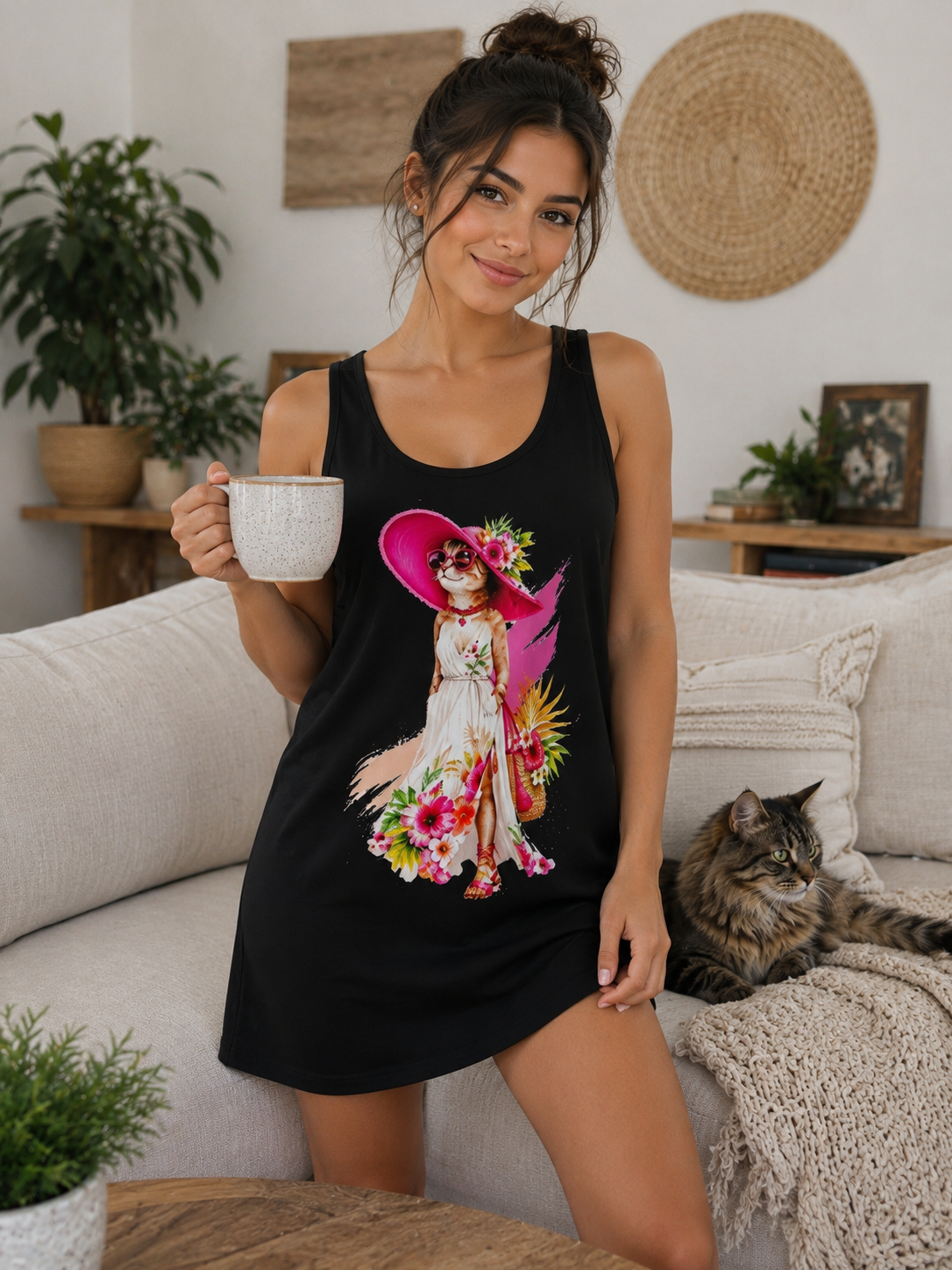 Floral Cat Racerback Dress for Women | Cute Summer Sundress | Boho Cat Print Casual Beach Dress | Gift for Cat Lovers