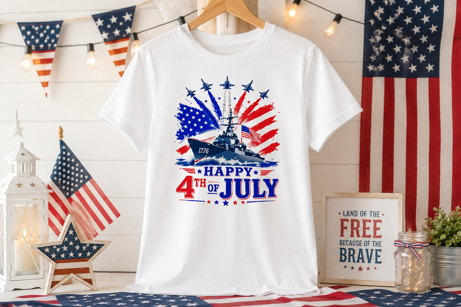 Happy 4th of July Shirt, Patriotic USA Flag Tee, American Eagle & Navy Ship Shirt, Independence Day T-Shirt, Military Pride Gift