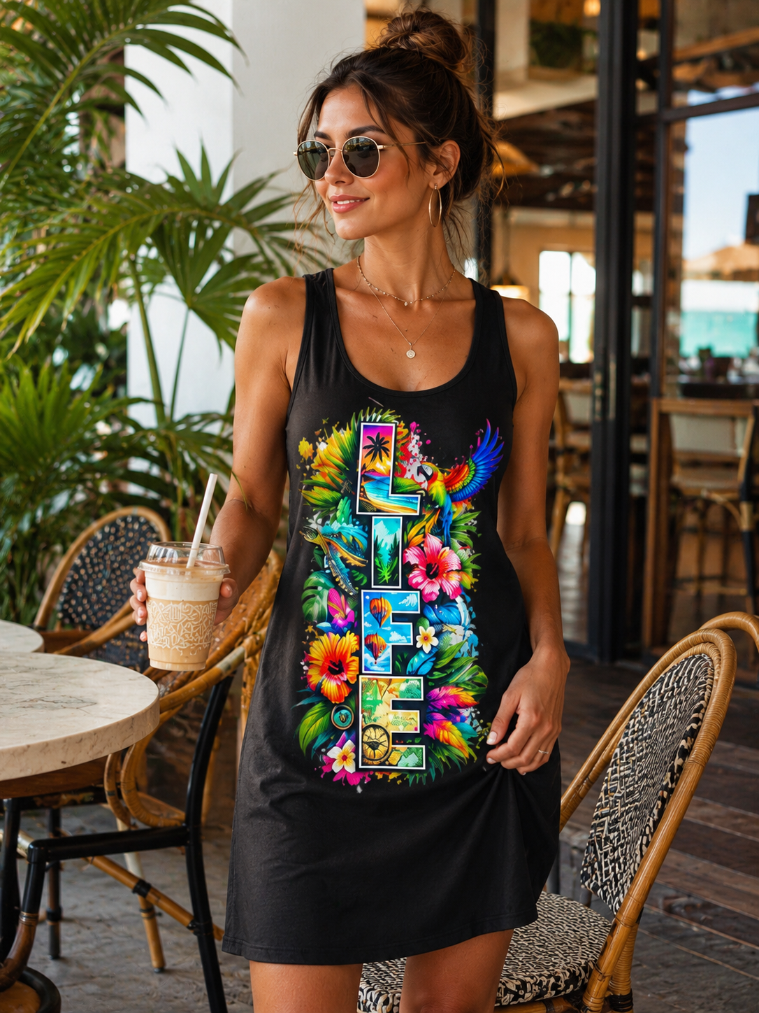 Life Tropical Racerback Dress — Vibrant Floral & Parrot Beach Sundress