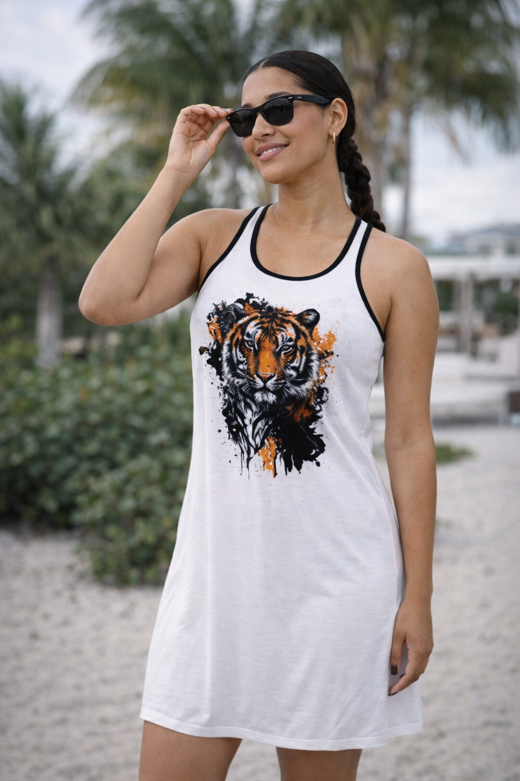Tiger Watercolor Racerback Summer Dress — Artistic Floral Tiger Print