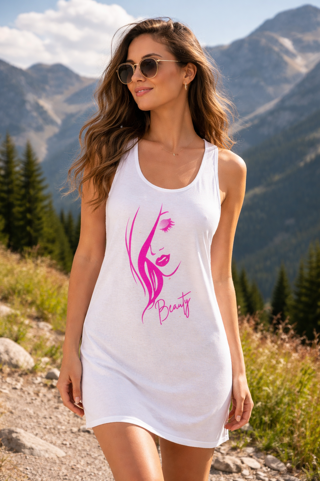 Racerback Dress for Women, Pink Beauty Face Graphic Dress, Cute Aesthetic Summer Dress, Casual Sleeveless Dress, Gift for Her