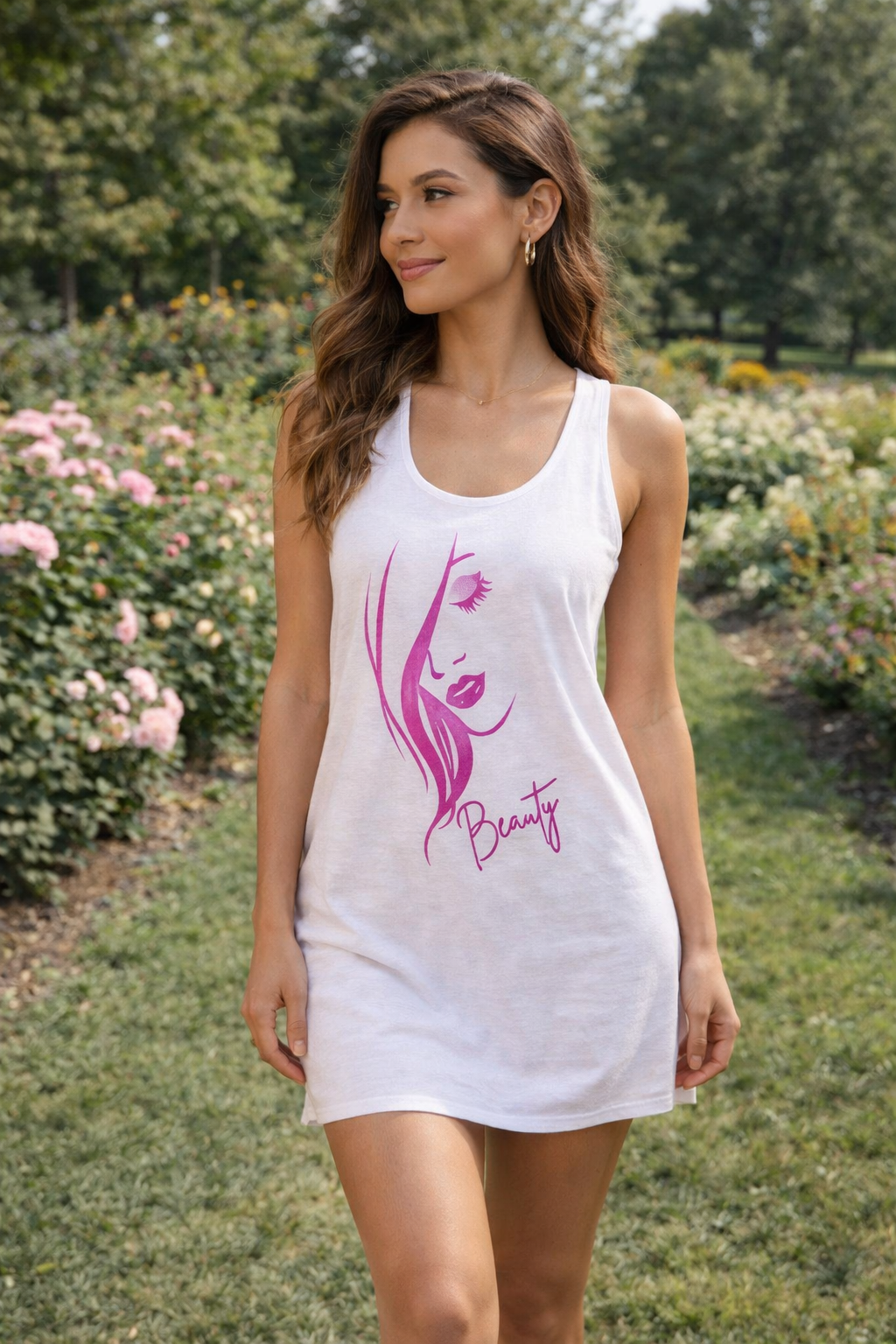 Racerback Dress for Women, Pink Beauty Face Graphic Dress, Cute Aesthetic Summer Dress, Casual Sleeveless Dress, Gift for Her