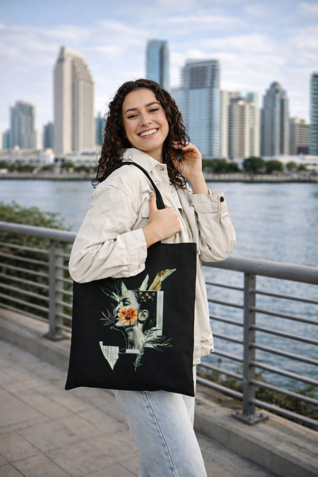 Artistic Floral Portrait Tote — Botanical Collage Cotton Canvas Bag
