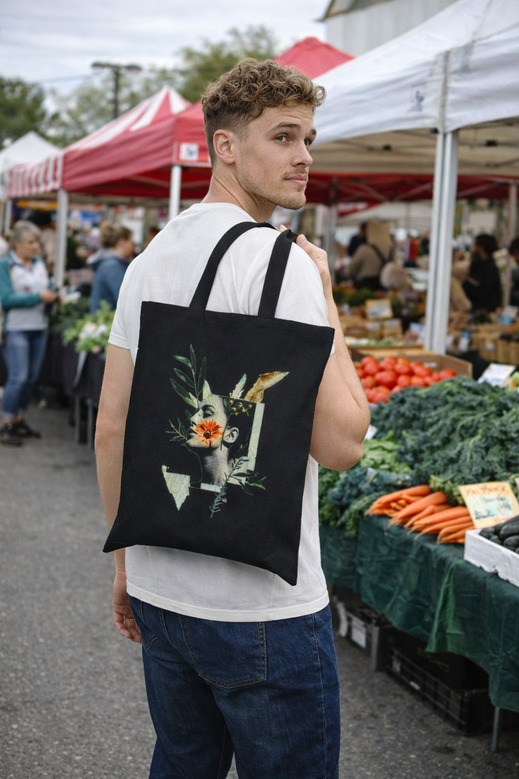 Artistic Floral Portrait Tote — Botanical Collage Cotton Canvas Bag