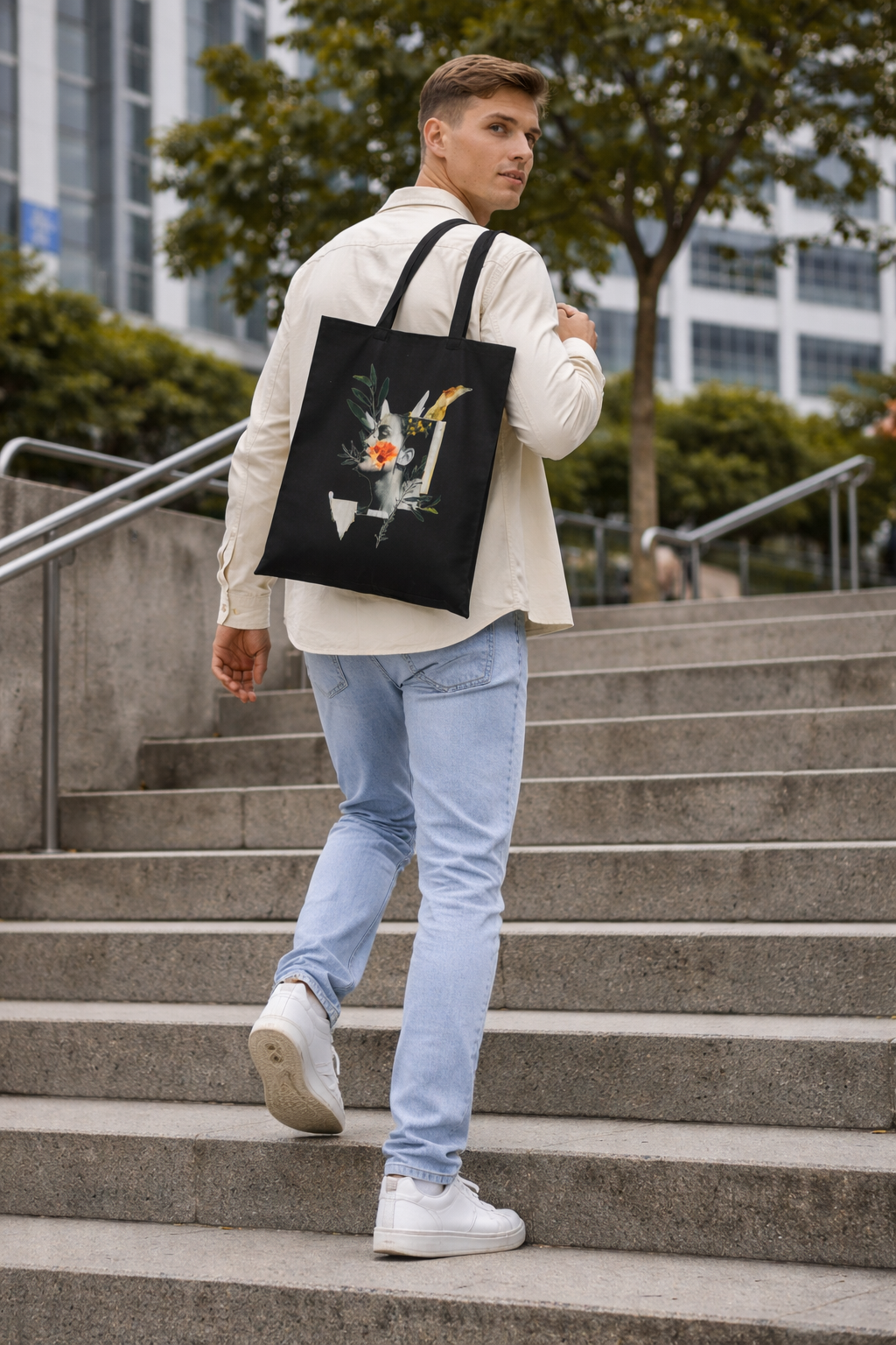Artistic Floral Portrait Tote — Botanical Collage Cotton Canvas Bag