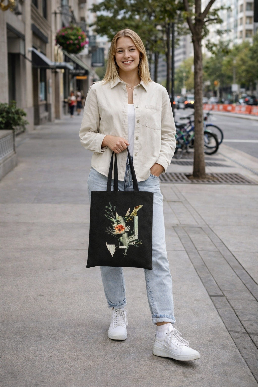 Artistic Floral Portrait Tote — Botanical Collage Cotton Canvas Bag