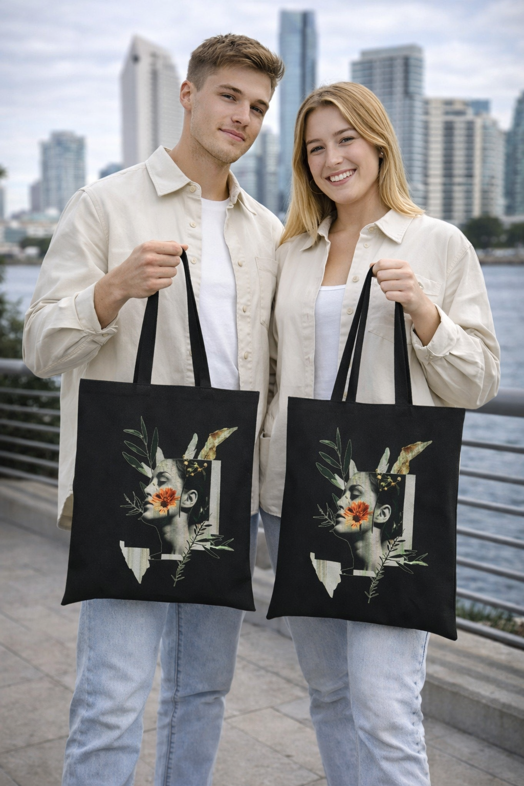 Artistic Floral Portrait Tote — Botanical Collage Cotton Canvas Bag