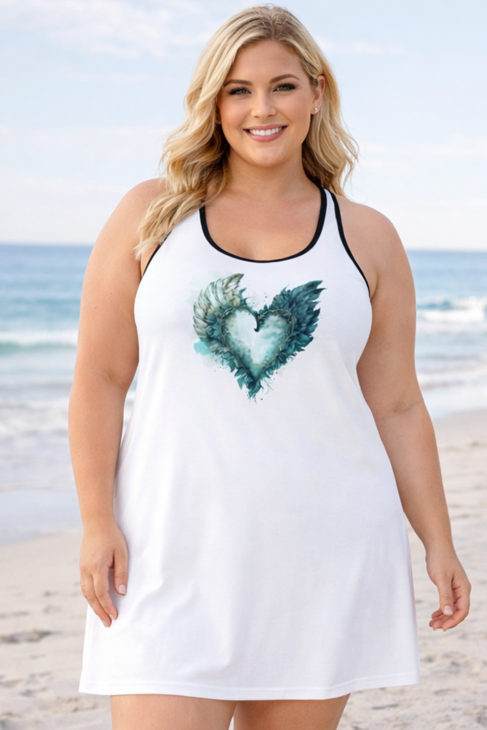 Boho Heart Racerback Dress, Feather Heart Summer Dress, Cute Beach Sundress for Women