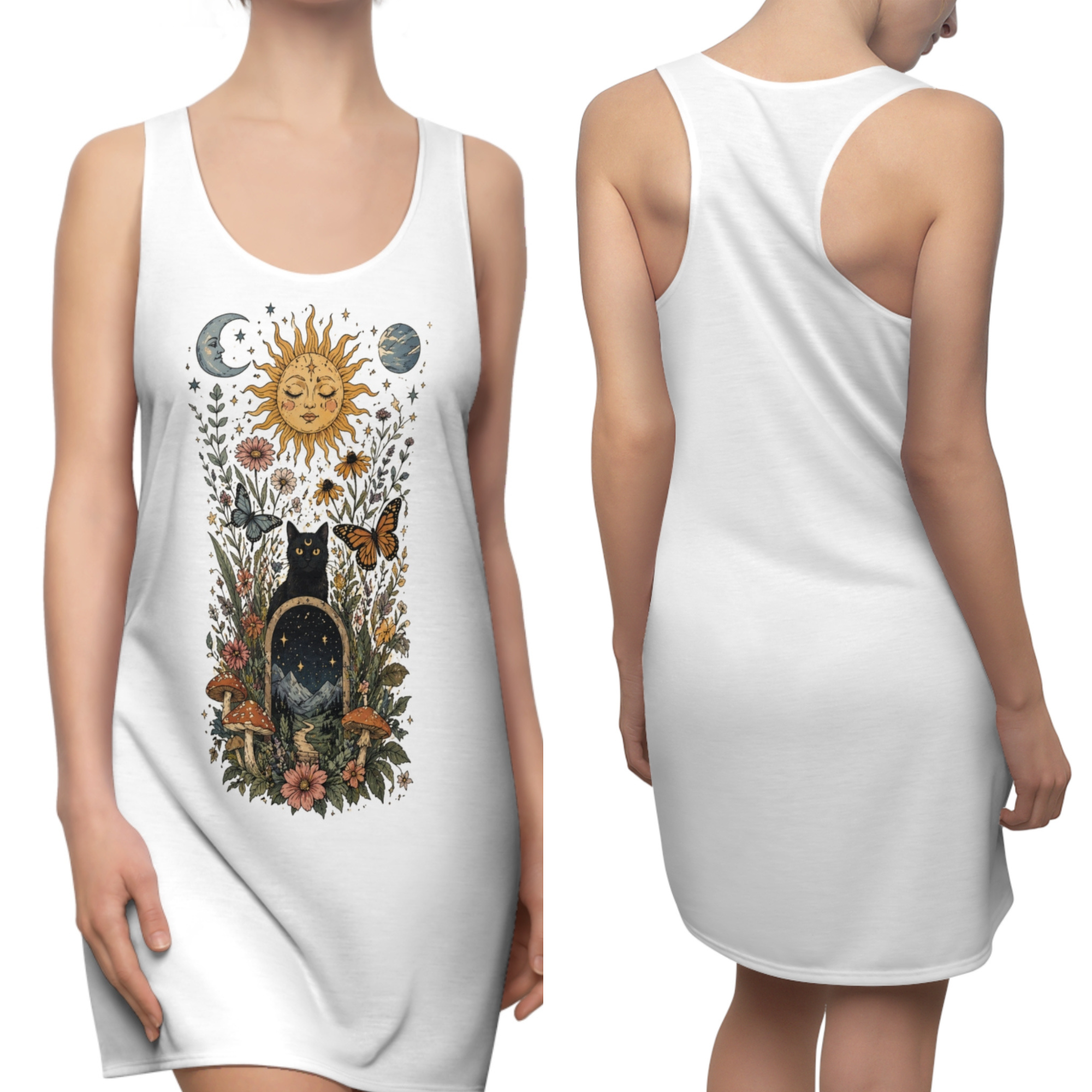Mystic Sun & Black Cat Racerback Dress — Boho Floral Astrology AOP