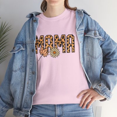 Leopard Print MAMA Shirt, Tee with Leaf and Daisy Accent