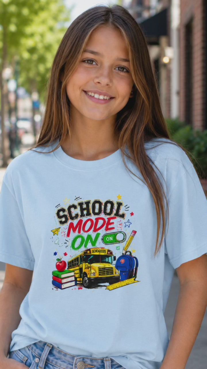 School Mode On Kids T‑Shirt — Back-to-School Graphic Tee with Bus, Books & Apple