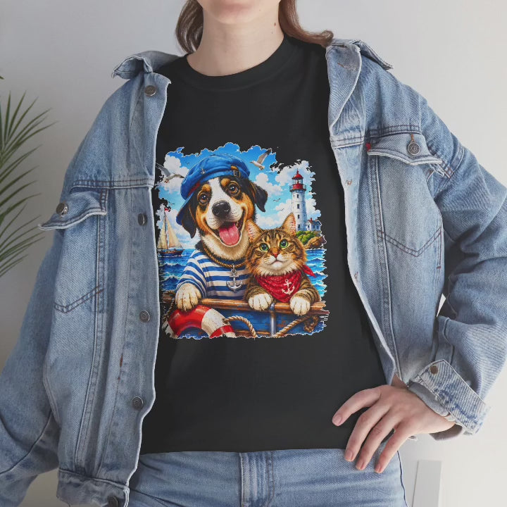 Nautical Dog & Cat T-Shirt | Sailor Pet Graphic Tee | Coastal Animal Lover Shirt | Beach Dog Cat Gift
