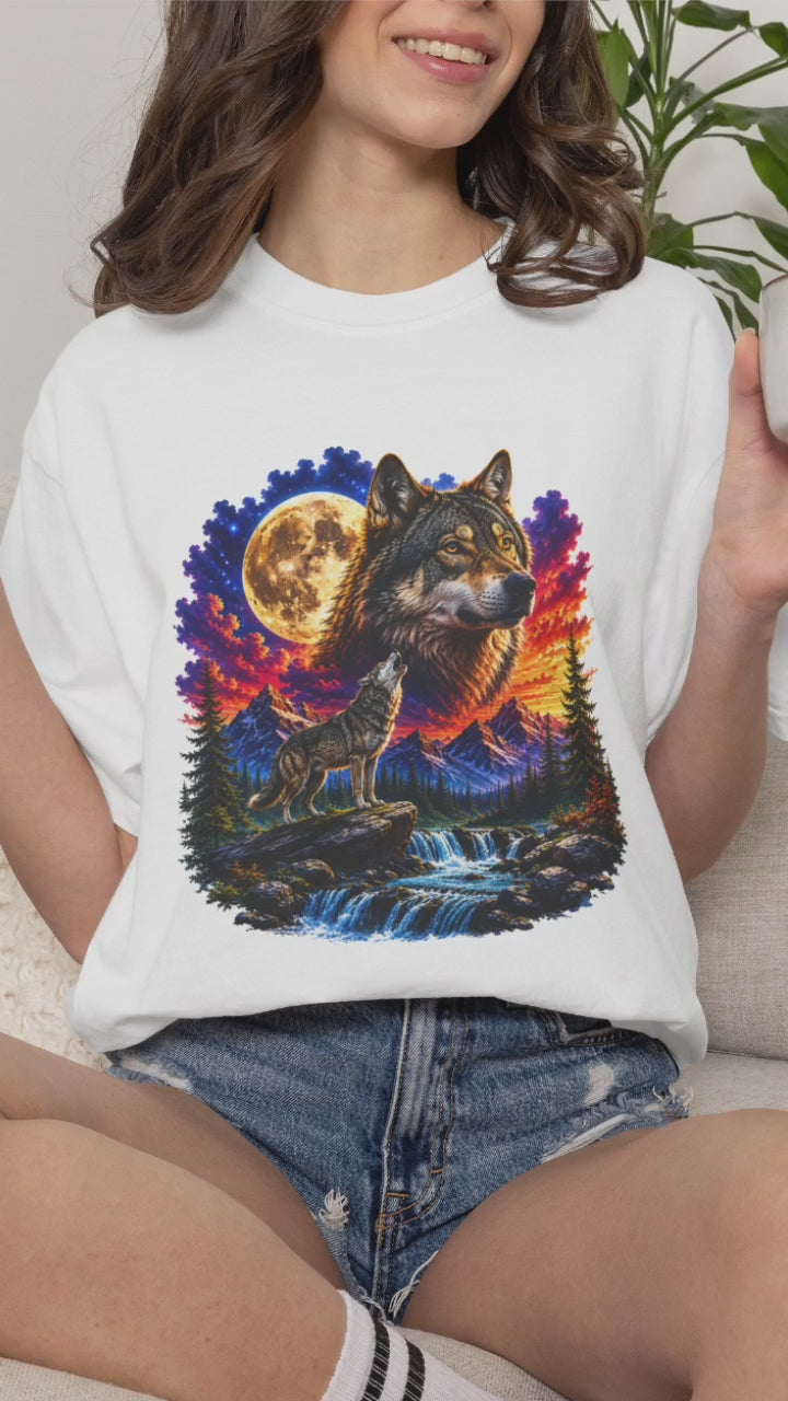 Colorful Wolf Moon T-Shirt, Nature Lover Gift, Howling Wolf Graphic Tee, Mountain Forest Shirt, Wildlife Adventure Tee