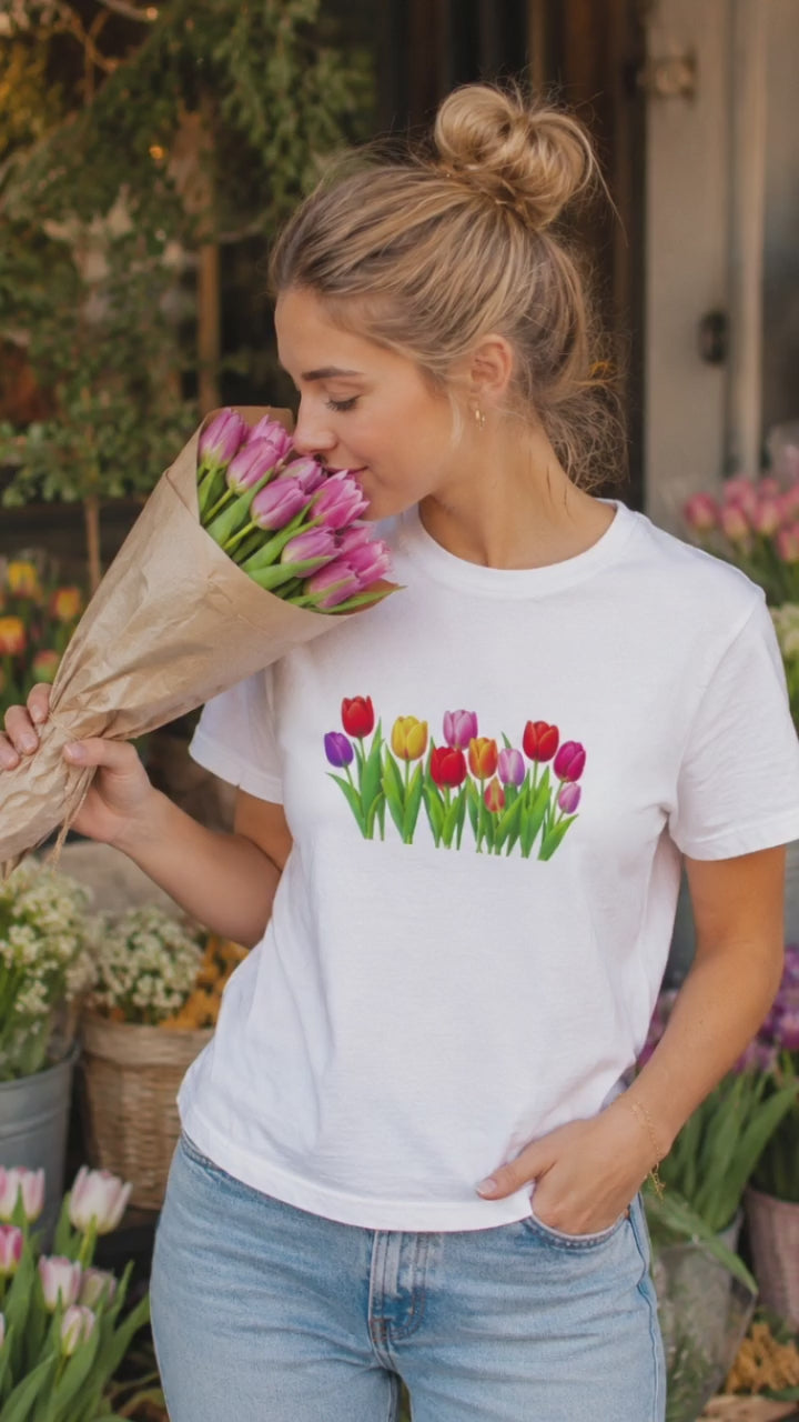 Colorful Tulip Shirt, Floral T-Shirt for Women, Botanical Graphic Tee, Spring Garden Shirt, Comfort Colors Tee